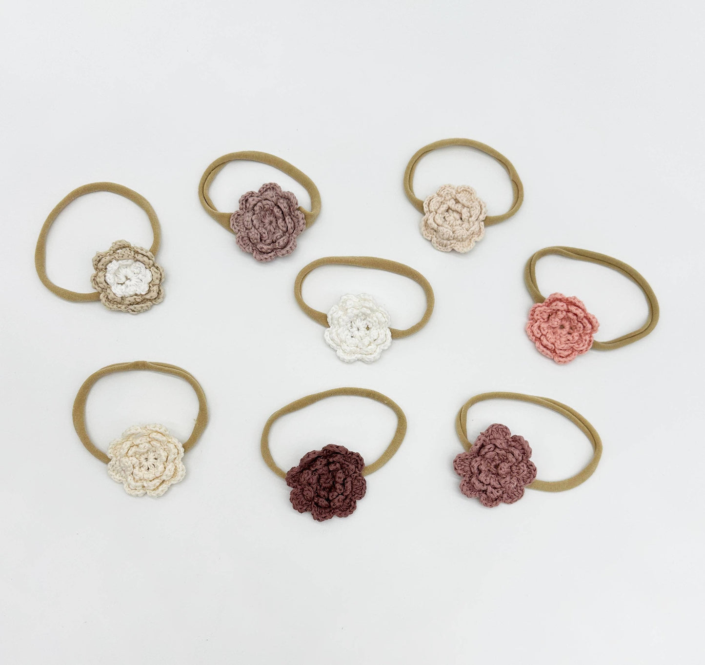 OLIVE & CRADLE - Crochet Flower Headband: Without Card / Taupe-w-white / Triple Flower