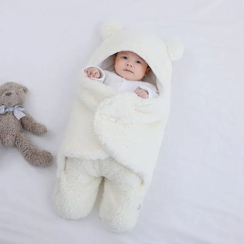 PatPat - Baby Winter Cotton Plush Hooded Swaddles: White / 18-36M