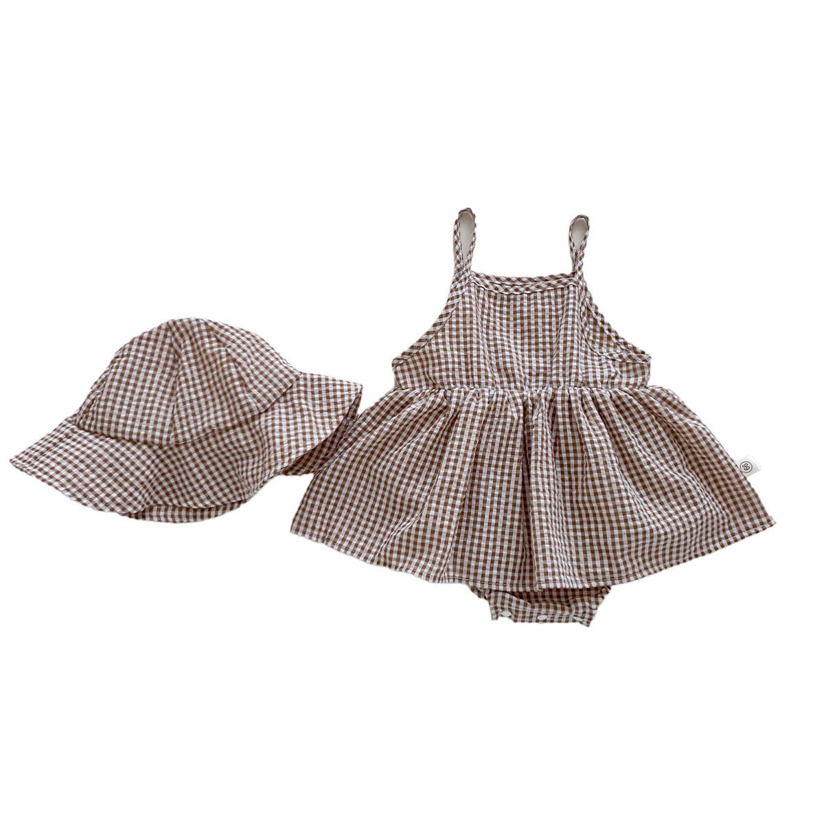 PatPat - Kids Brown White Gingham Romper Set with Matching Bucket Hat: Black / 12-18M