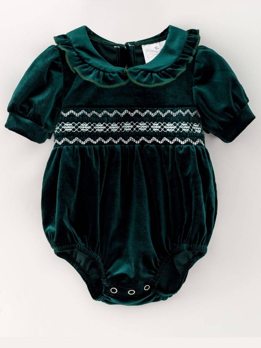 The Hair Bow Company - Baby Velvet Smocked Peter Pan Girls Bubble Romper: Scarlet / 12-18M