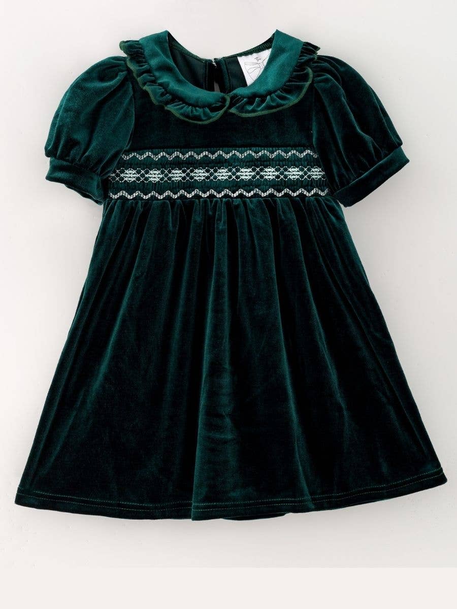 The Hair Bow Company - Girls Velvet Smocked Peter Pan Collar Dress: Scarlet / 6Y