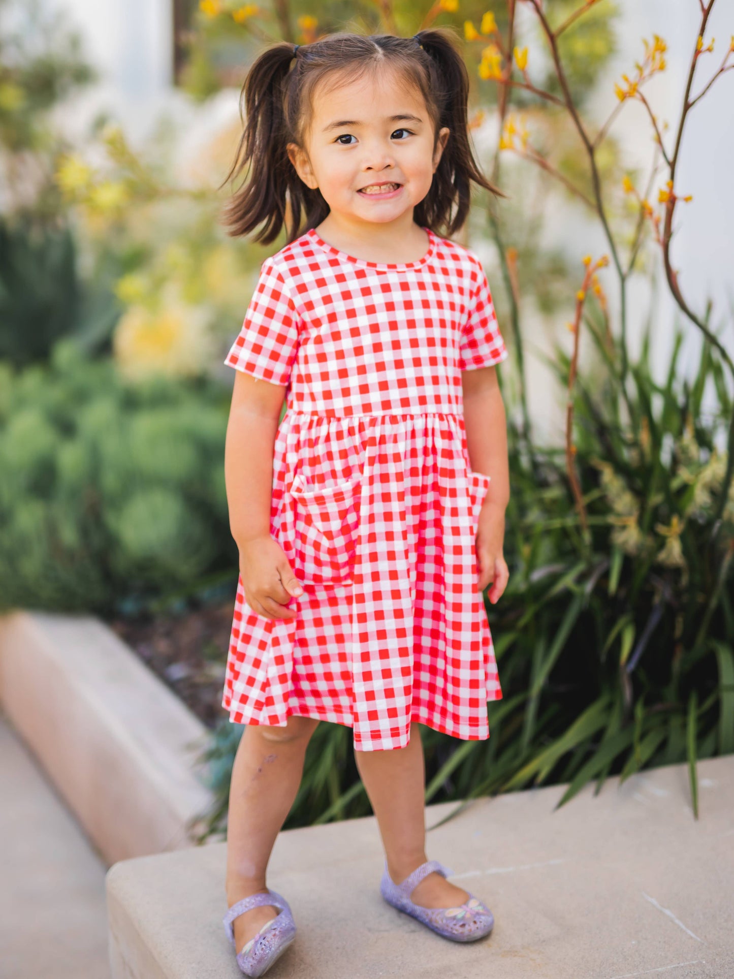Gingham Little Girls Pocket Dress