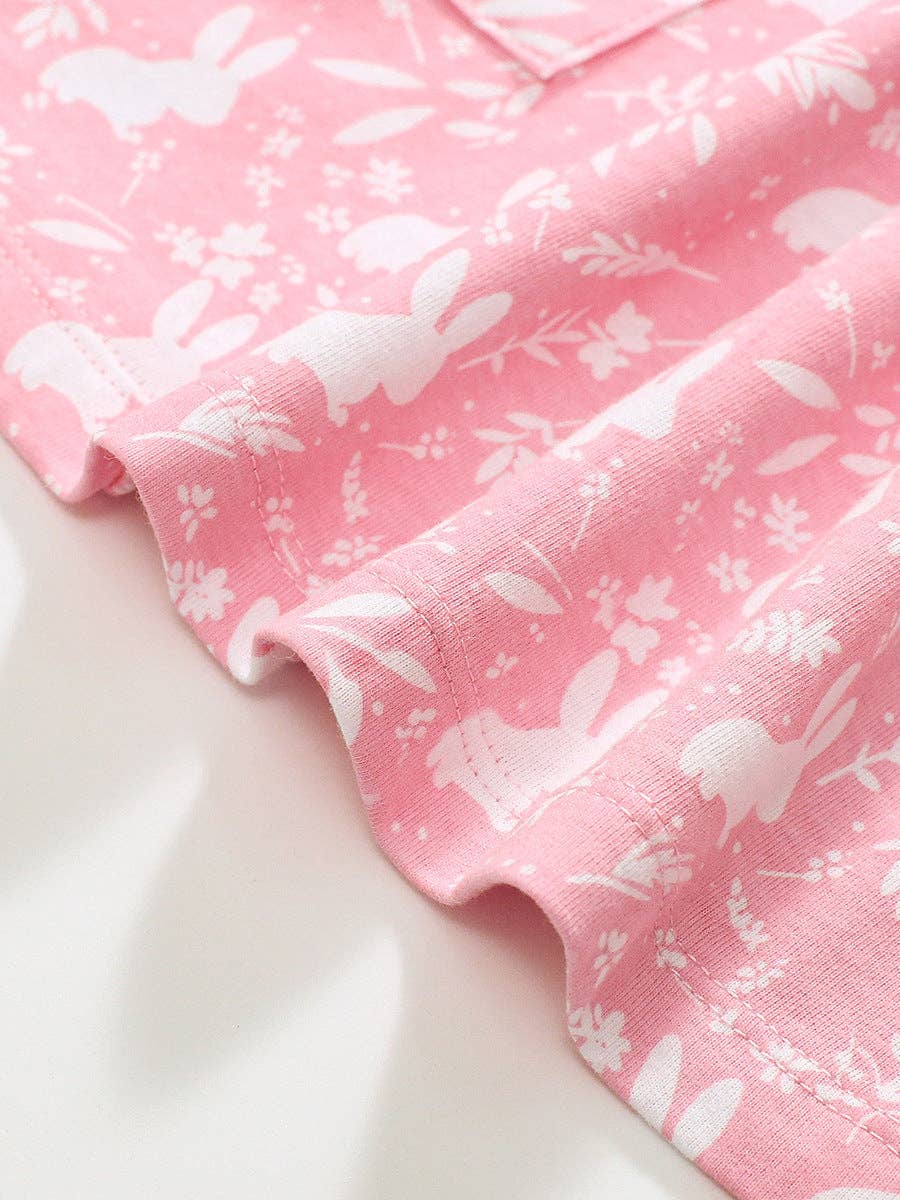 Pink Short Sleeves Dress With Rabbits and Flowers