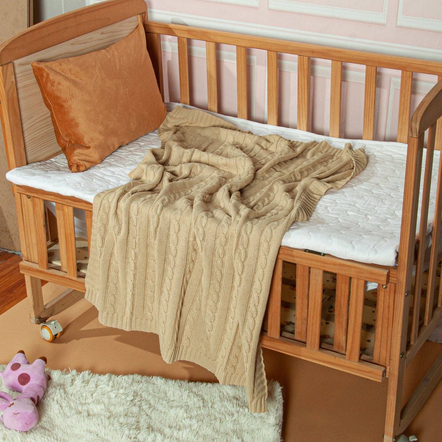 Bay & Loom - Cotton Cable Knitted Toddler Blanket: Baby Pink / 30 x 40 inches
