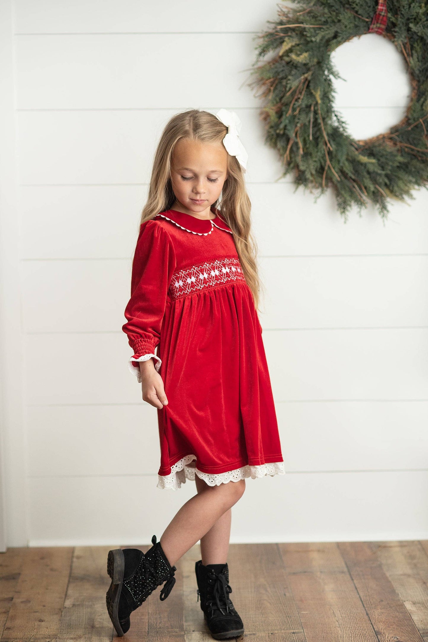 Red Velvet Smocked Dress - 3/4 Red Velvet Smocked Dress - 3/4