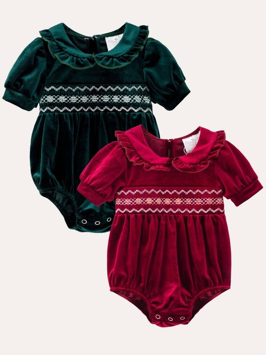 The Hair Bow Company - Baby Velvet Smocked Peter Pan Girls Bubble Romper: Scarlet / 0-3M