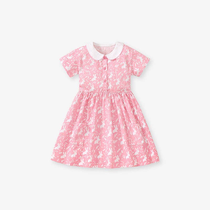Pink Short Sleeves Dress With Rabbits and Flowers