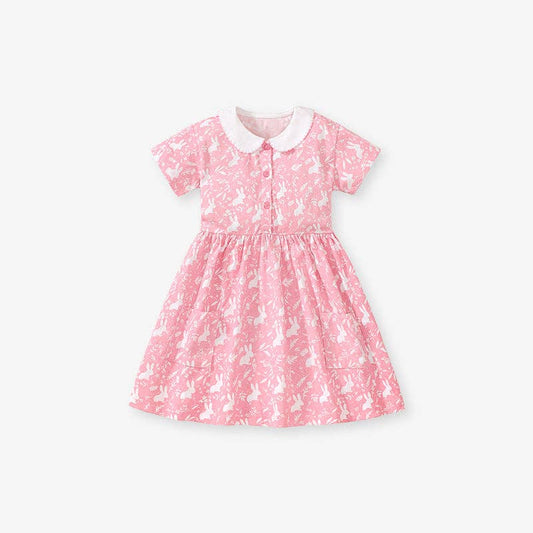Pink Short Sleeves Dress With Rabbits and Flowers