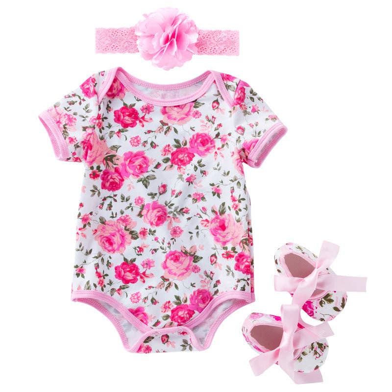 The Find Peaks - Infant Summer Romper Set with Short Sleeves and Leopard Rose Print: Rose Floral 3-Piece Set / 66 (3–6M)
