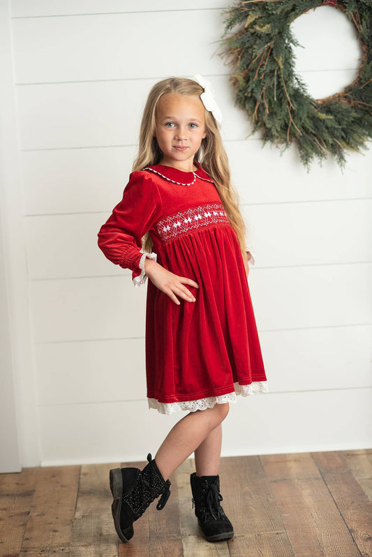 Red Velvet Smocked Dress