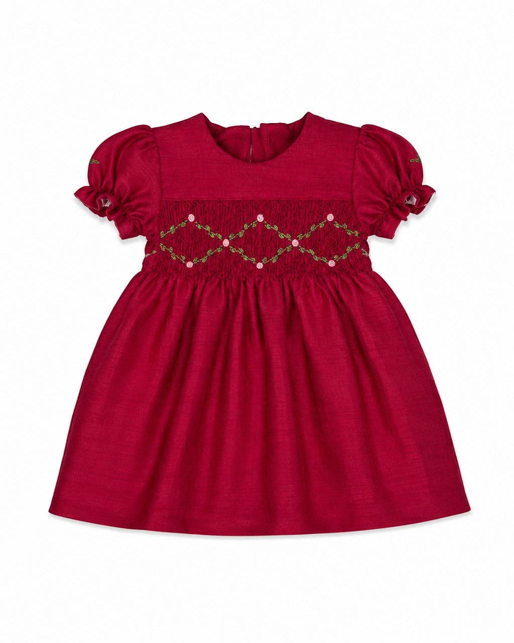 Julius Berger & Carriage Boutique - Floral Smocked Silk Red Short Sleeve Baby Girl Dress: 6M