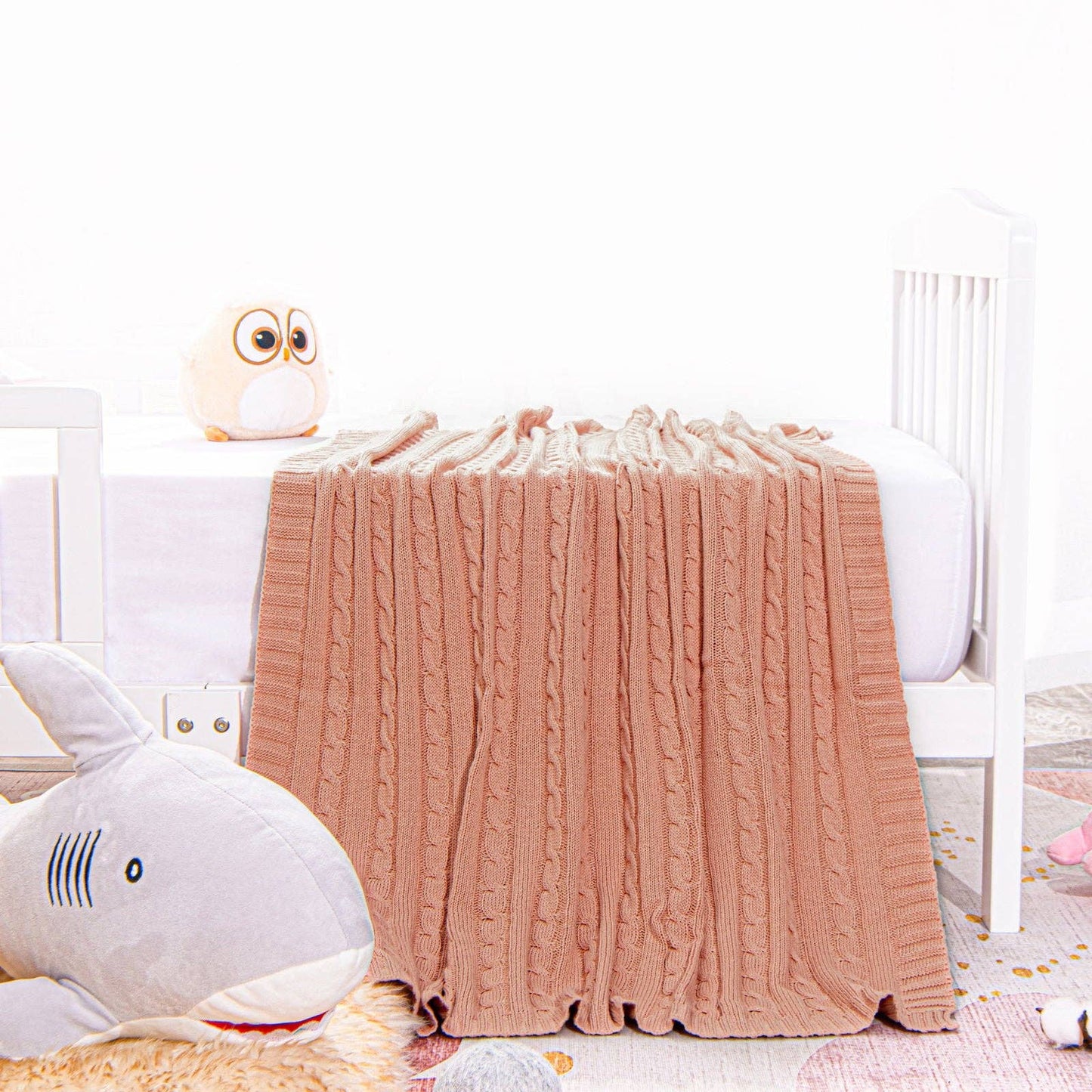 Bay & Loom - Cotton Cable Knitted Toddler Blanket: White / 30 x 40 inches