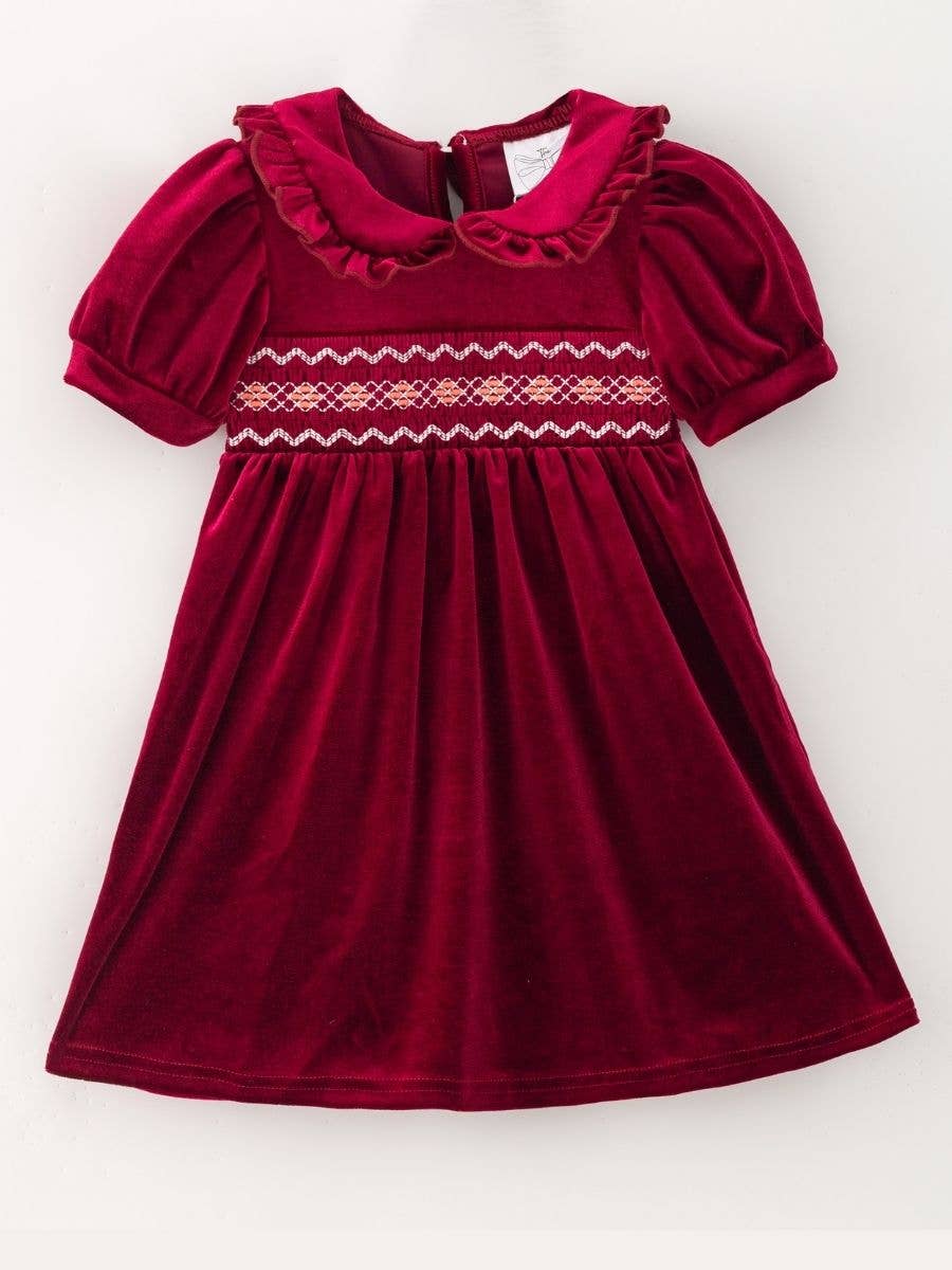 The Hair Bow Company - Girls Velvet Smocked Peter Pan Collar Dress: Scarlet / 6Y