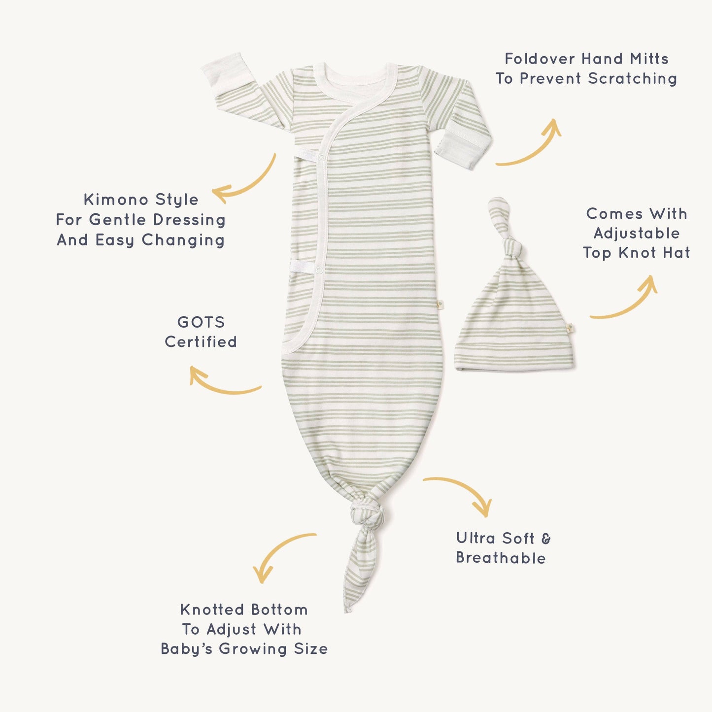Organic Cotton Kimono Knotted Sleep Gown & Top Knot Hat - Foam Stripes