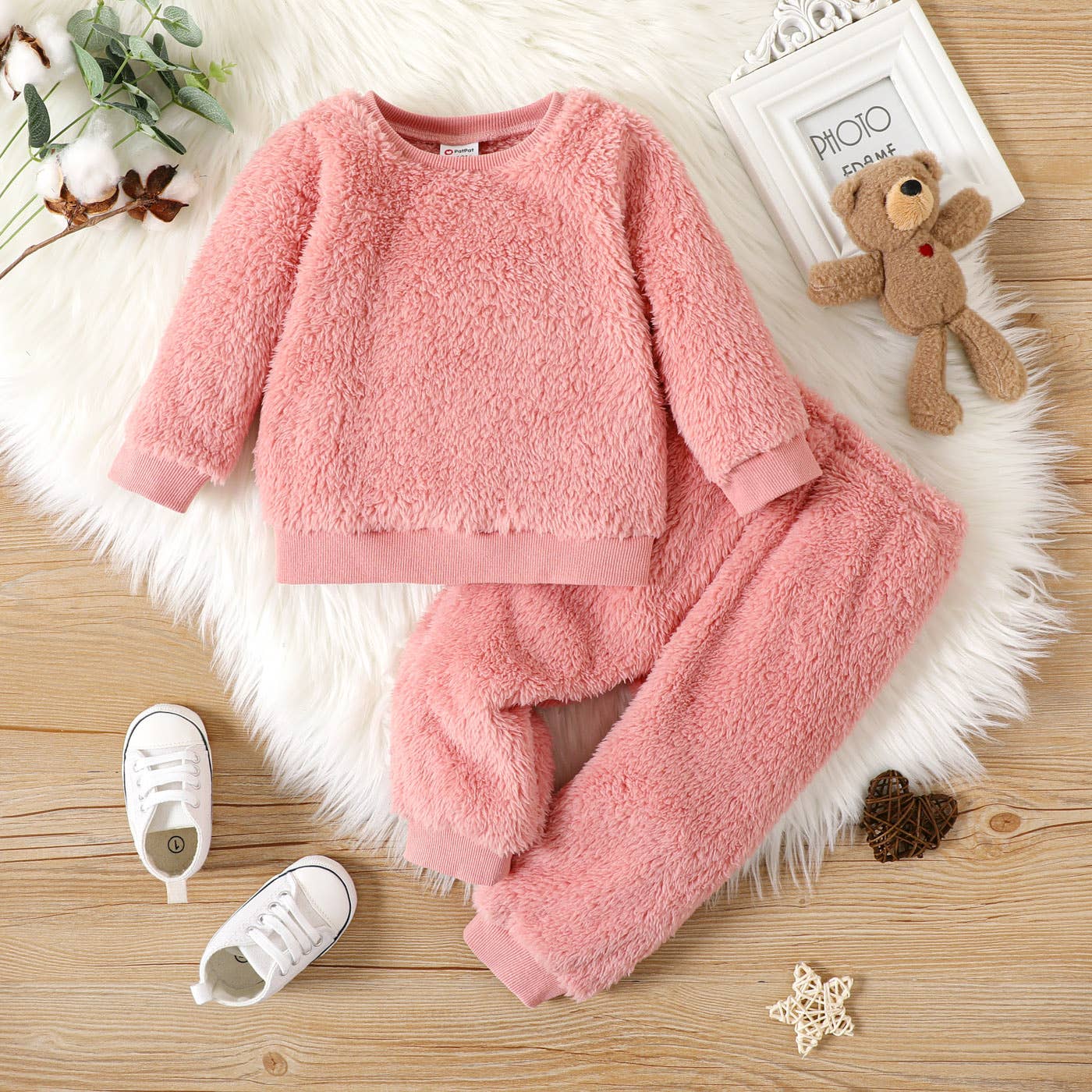 PatPat - 2pcs Baby Boy/Girl Thermal Fuzzy  Pullover and Pants Set: Pink / 18-24 Months