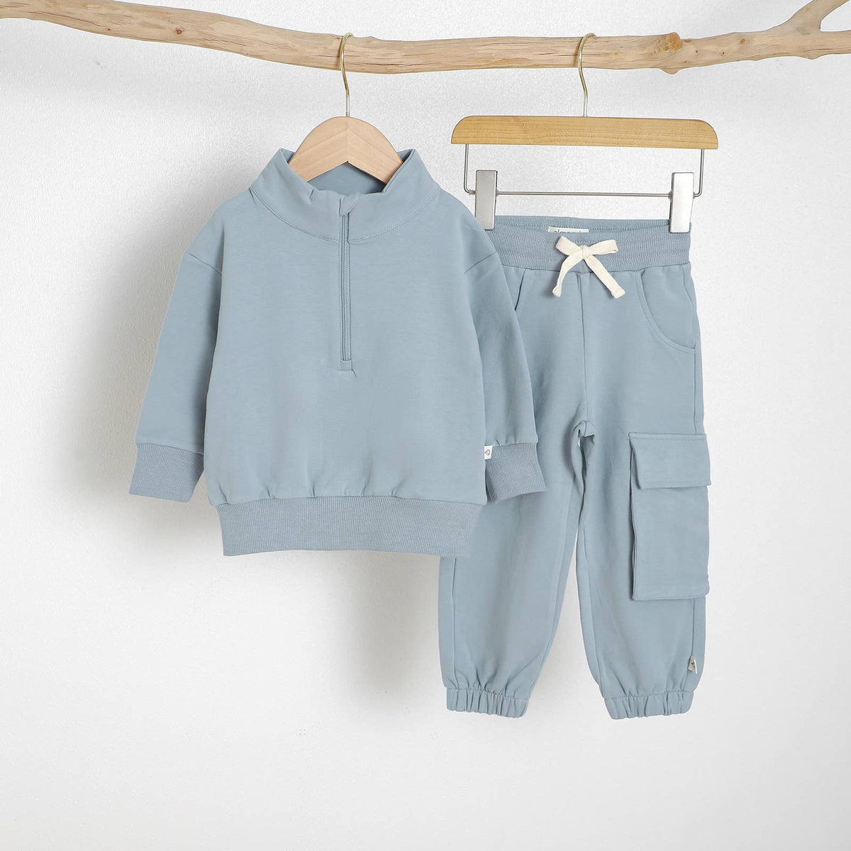 Almond Bud - The French Terry Organic Cotton Beach Jogger Set: Muted Sage / 12-18M