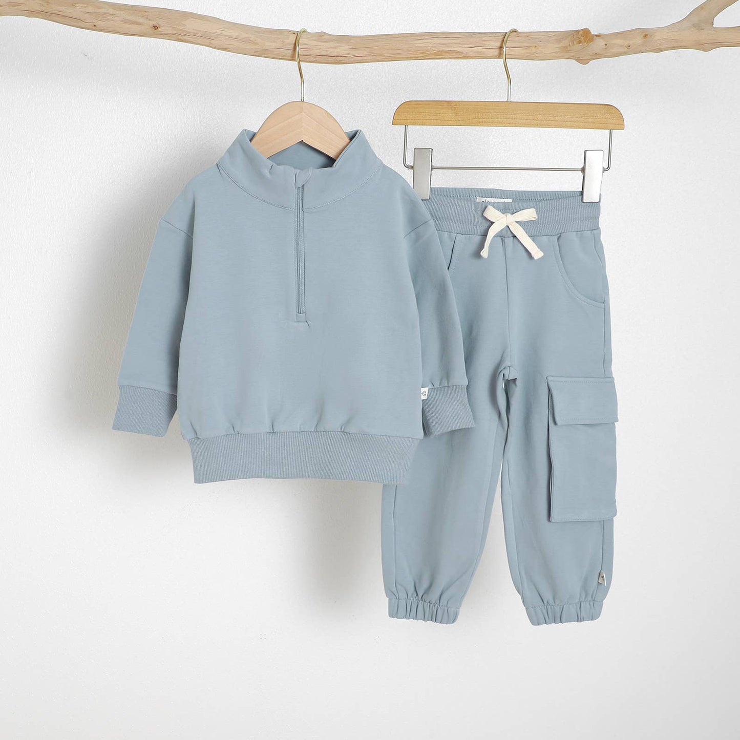 Almond Bud - The French Terry Organic Cotton Beach Jogger Set: Dusty Blue / 3T