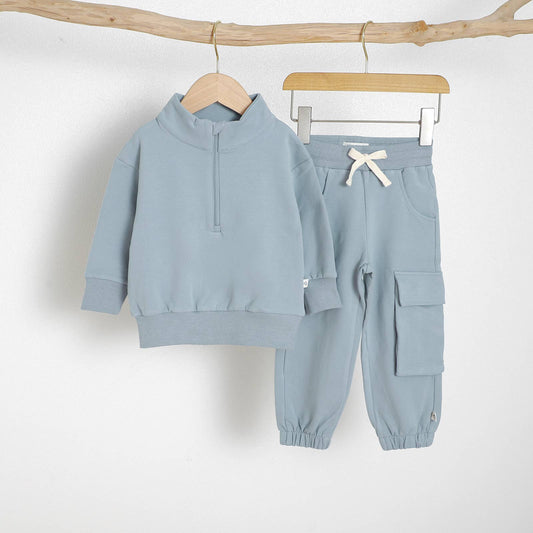 Almond Bud - The French Terry Organic Cotton Beach Jogger Set: Dusty Blue / 3T