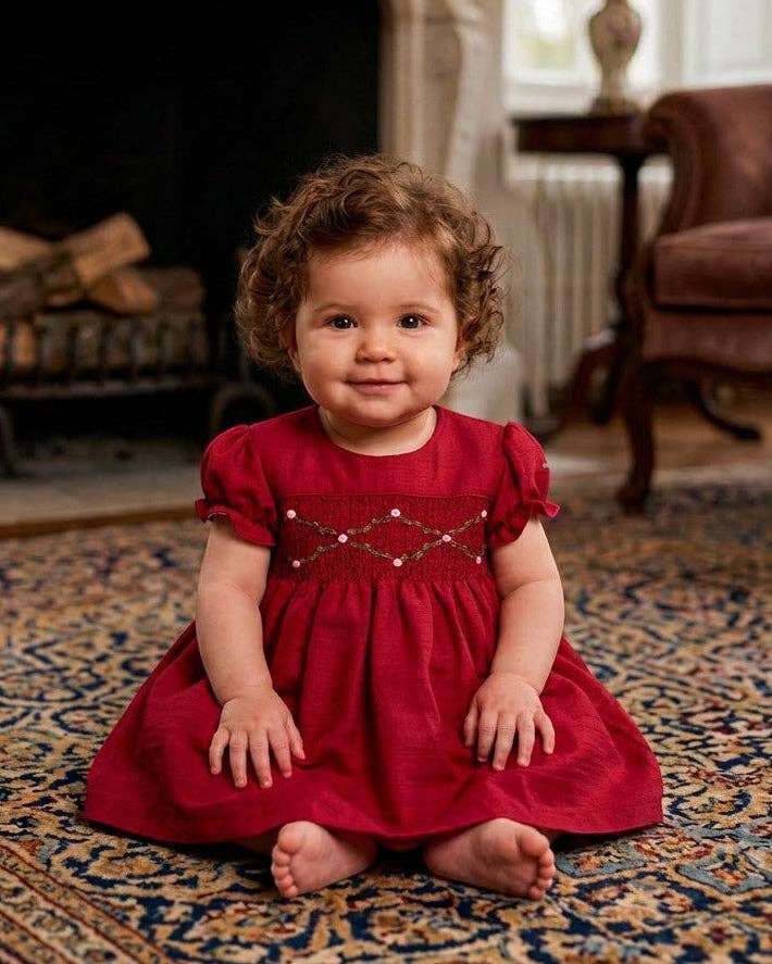 Julius Berger & Carriage Boutique - Floral Smocked Silk Red Short Sleeve Baby Girl Dress: 6Y