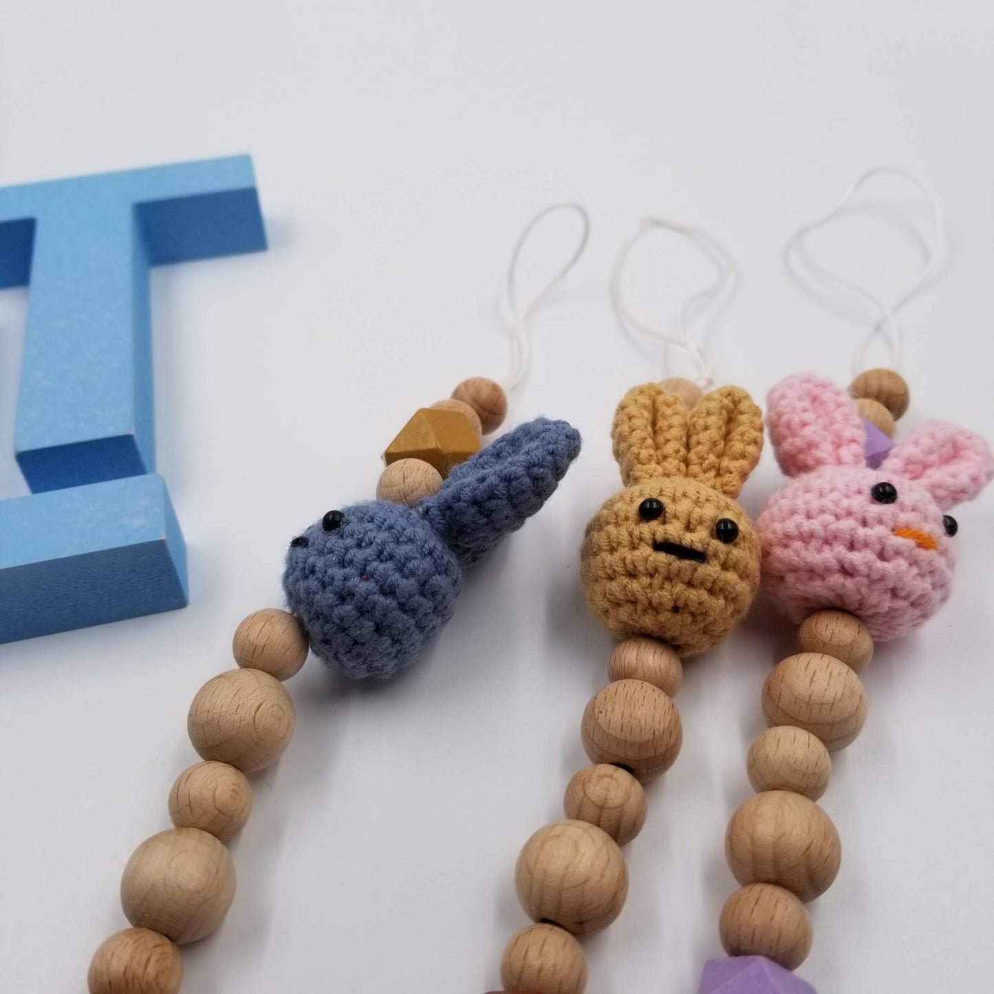 Easter Hand Crochet Bunny Wooden Beaded Pacifier Clips