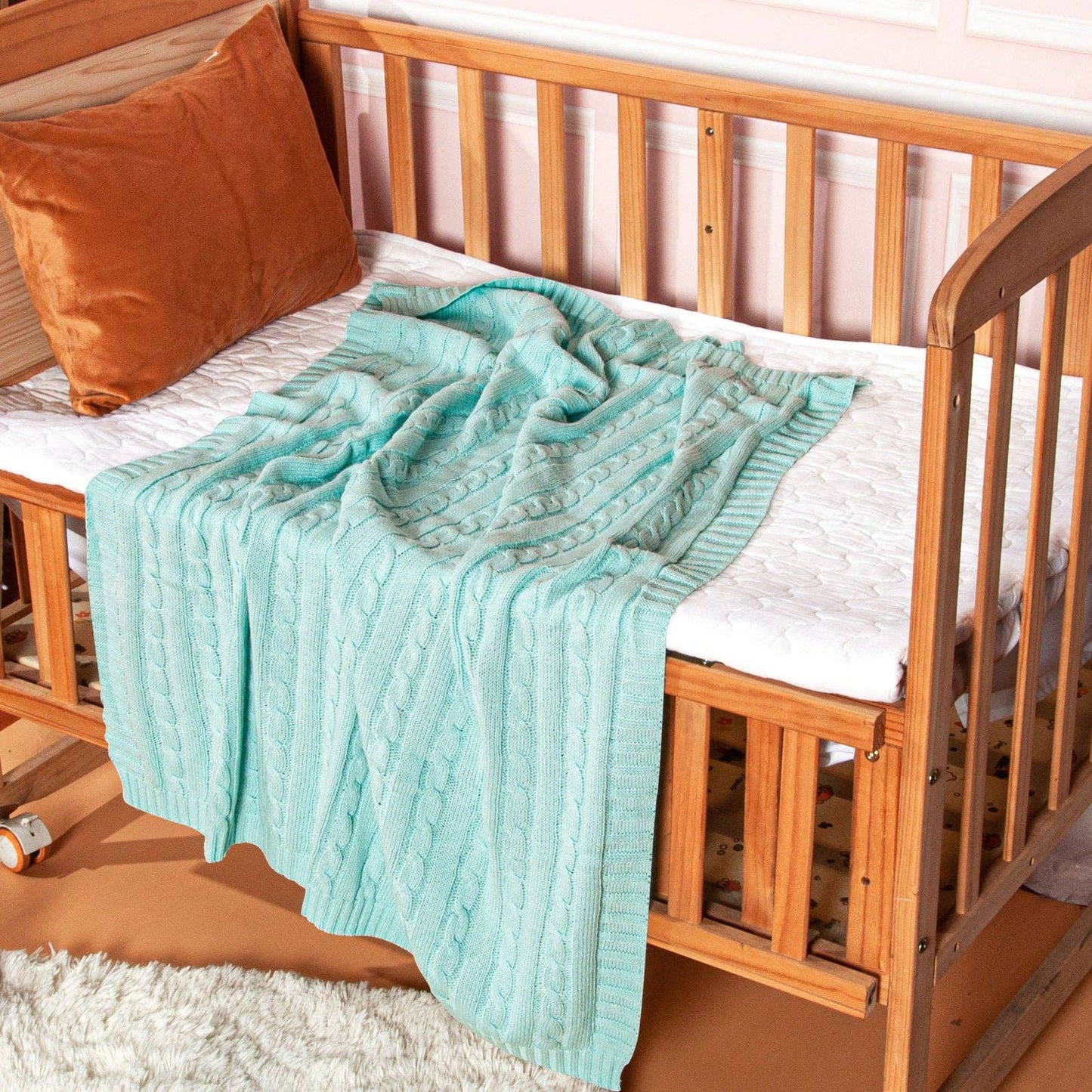 Bay & Loom - Cotton Cable Knitted Toddler Blanket: Sea Green / 30 x 40 inches