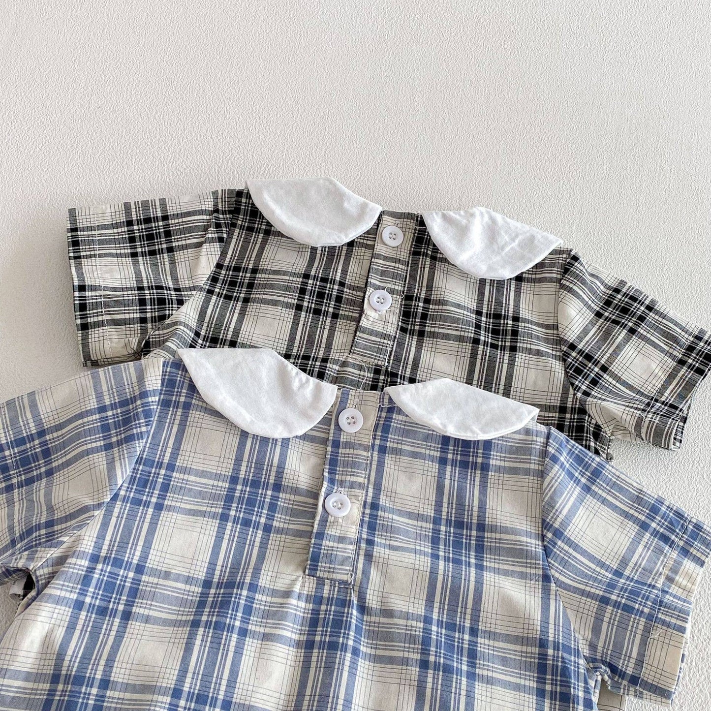 PatPat - Baby Plaid Short Sleeve Romper Set w White Collar Hat: Blue / 6-9M