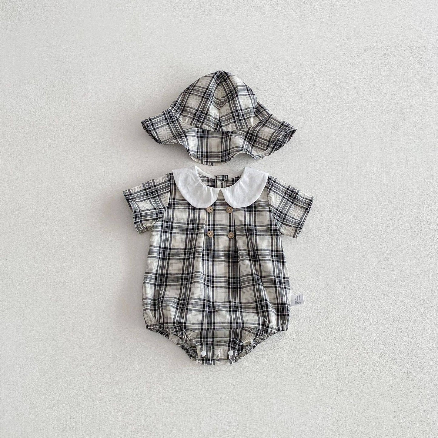 PatPat - Baby Plaid Short Sleeve Romper Set w White Collar Hat: Blue / 6-9M