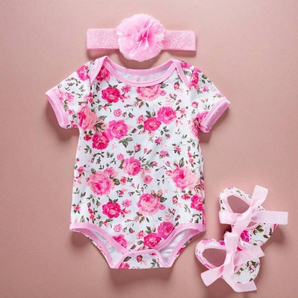 The Find Peaks - Infant Summer Romper Set with Short Sleeves and Leopard Rose Print: Rose Floral 3-Piece Set / 66 (3–6M)