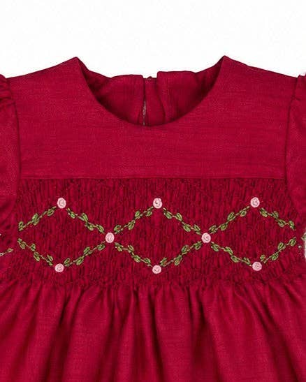 Julius Berger & Carriage Boutique - Floral Smocked Silk Red Short Sleeve Baby Girl Dress: 4T