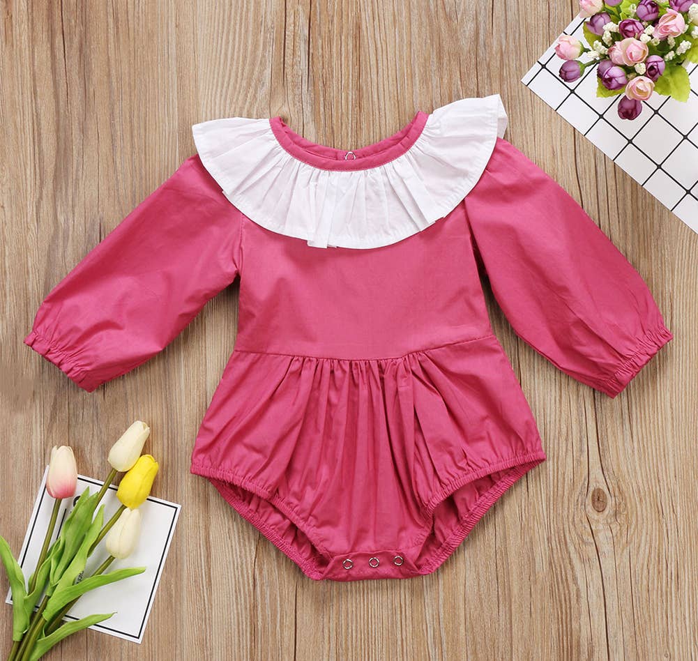 Fennco Styles - Fuchsia Ruffled Collar Cotton Baby Romper : 3-6 Months