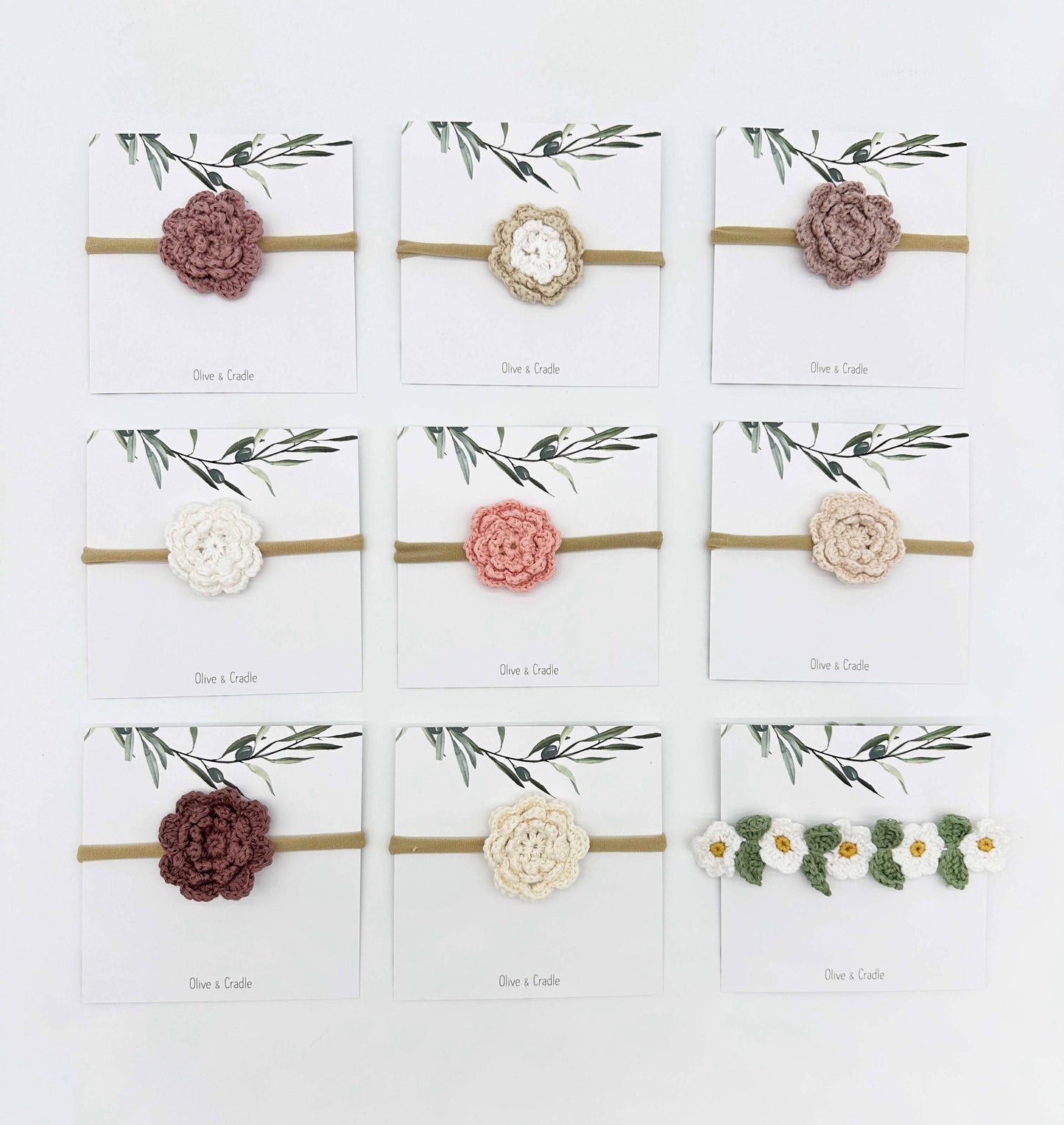 OLIVE & CRADLE - Crochet Flower Headband: Without Card / Pink-1 / Triple Flower