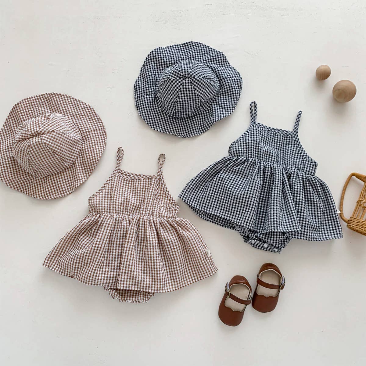 PatPat - Kids Brown White Gingham Romper Set with Matching Bucket Hat: Black / 9-12M
