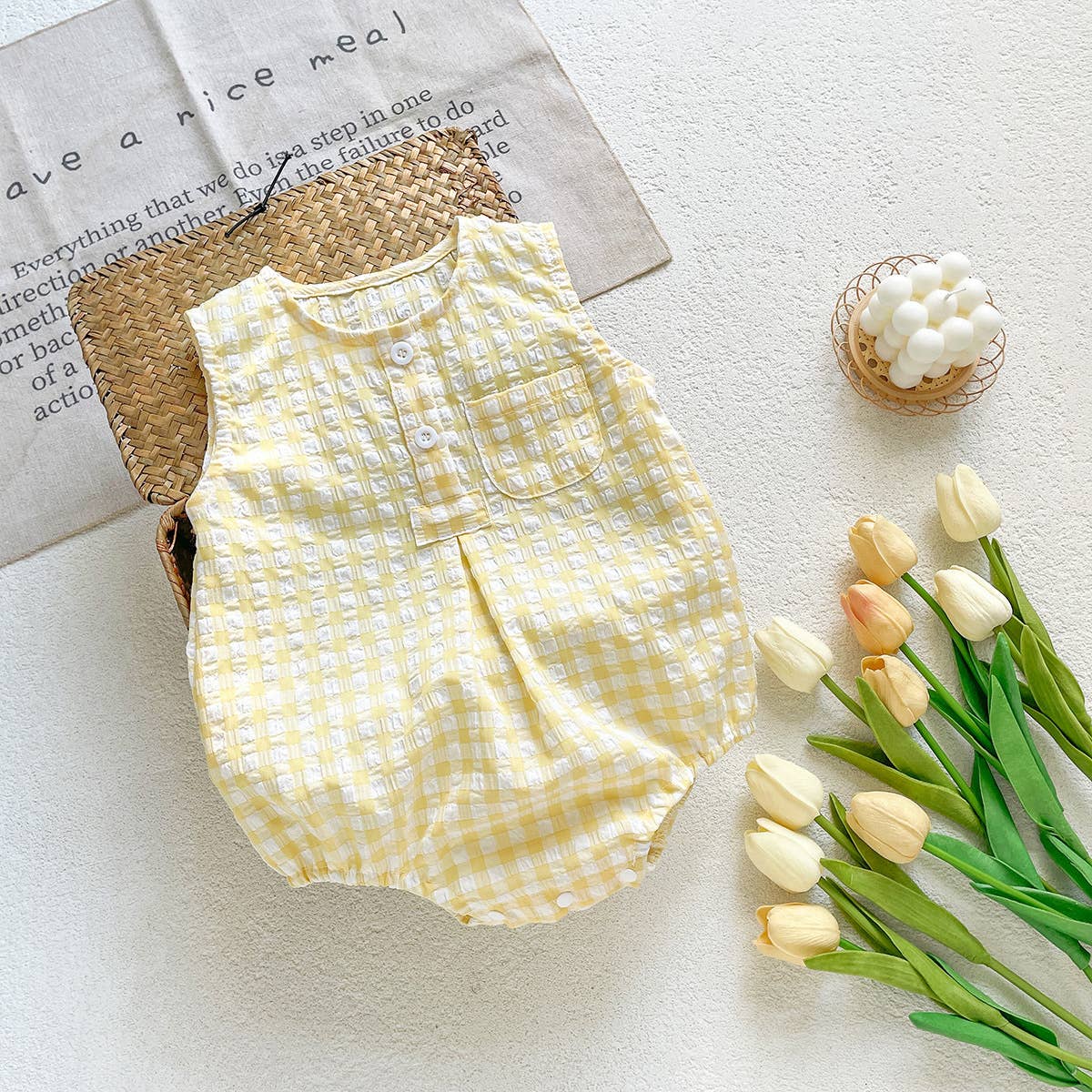 PatPat - Blue White Checkered Sleeveless Romper for Baby: Blue / 6-9M