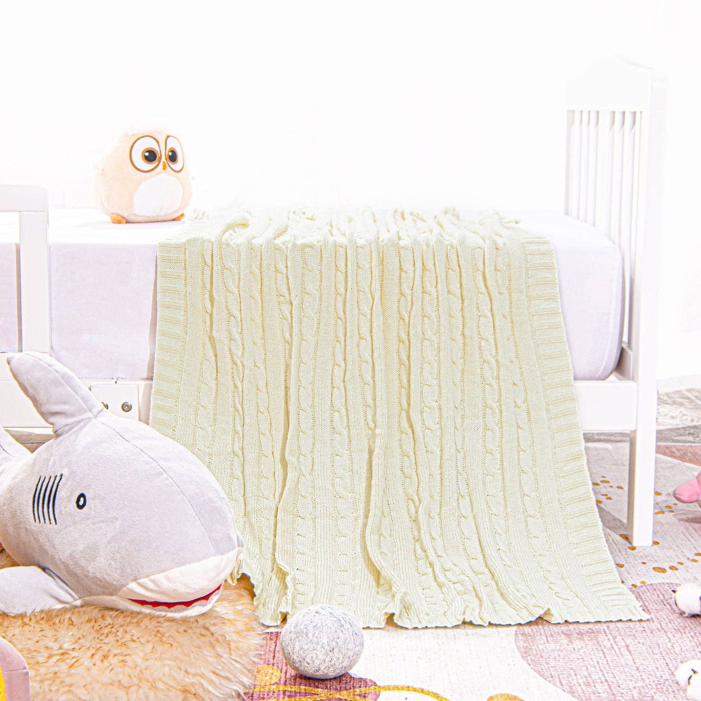 Bay & Loom - Cotton Cable Knitted Toddler Blanket: Yellow / 30 x 40 inches