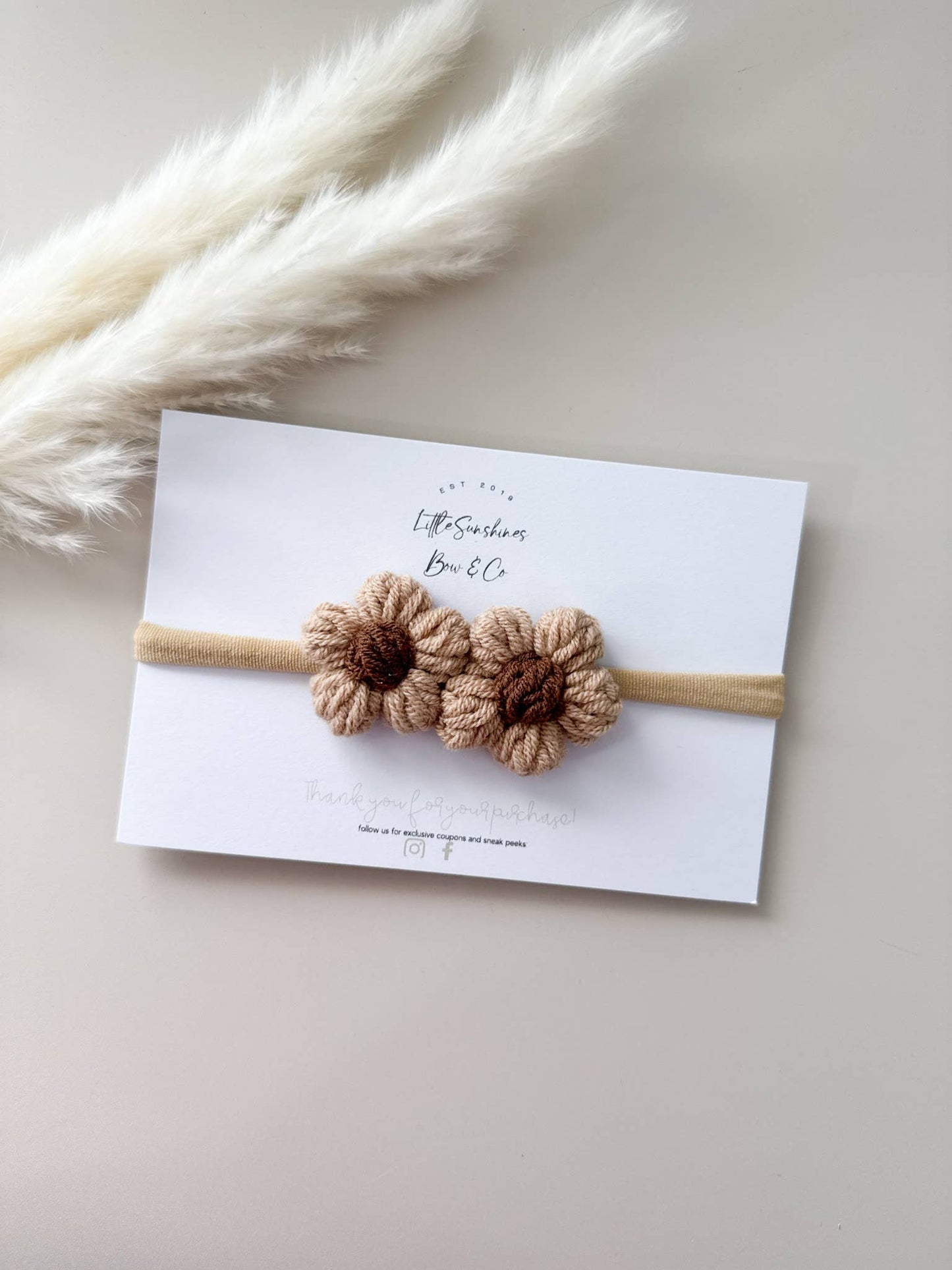 Little Sunshines Bow & Co - Crochet Flowers Hair Clips & Headbands: Pink & Yellow Flower / Nylon Headband