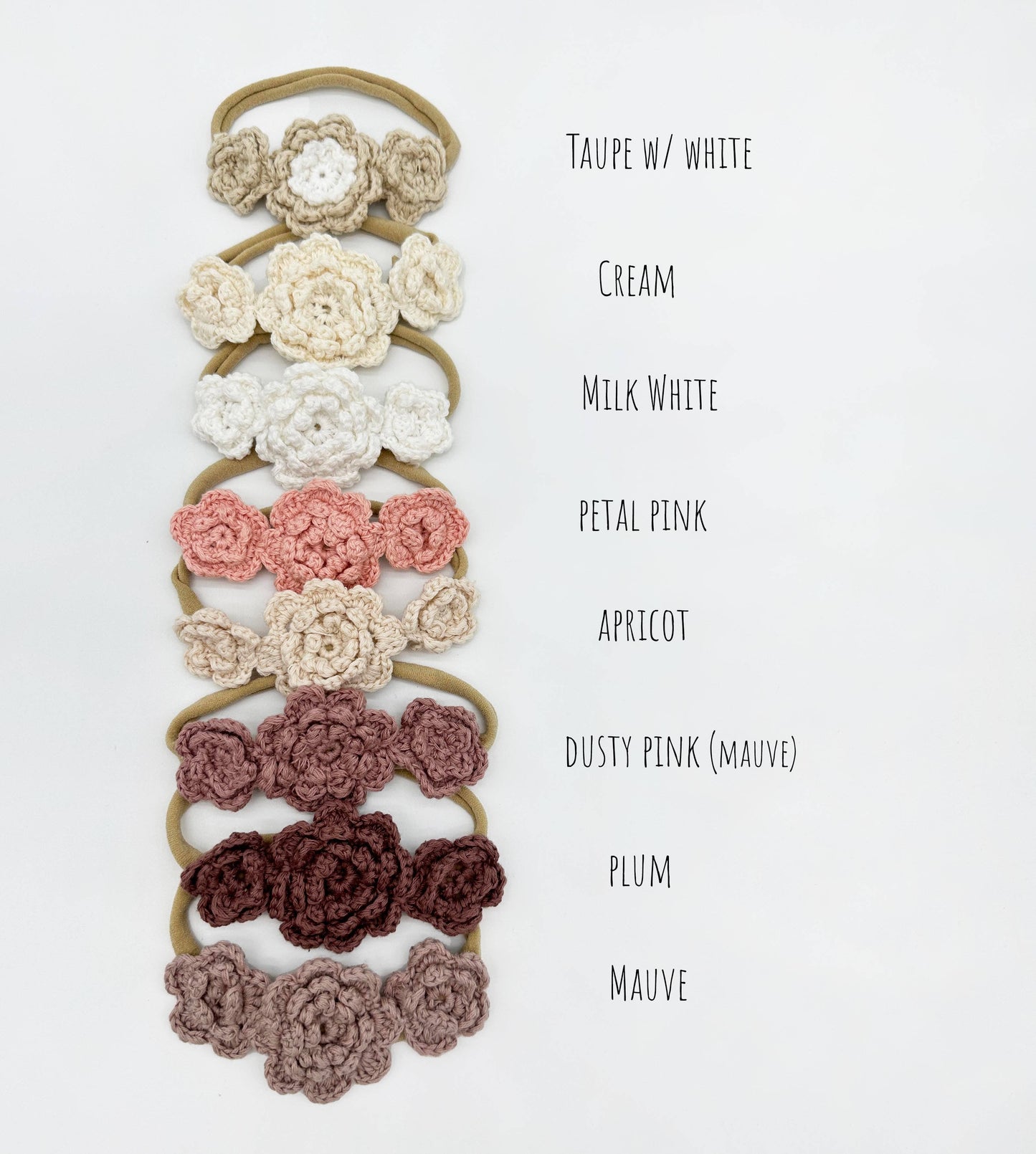 OLIVE & CRADLE - Crochet Flower Headband: Without Card / Mauve-1 / Triple Flower