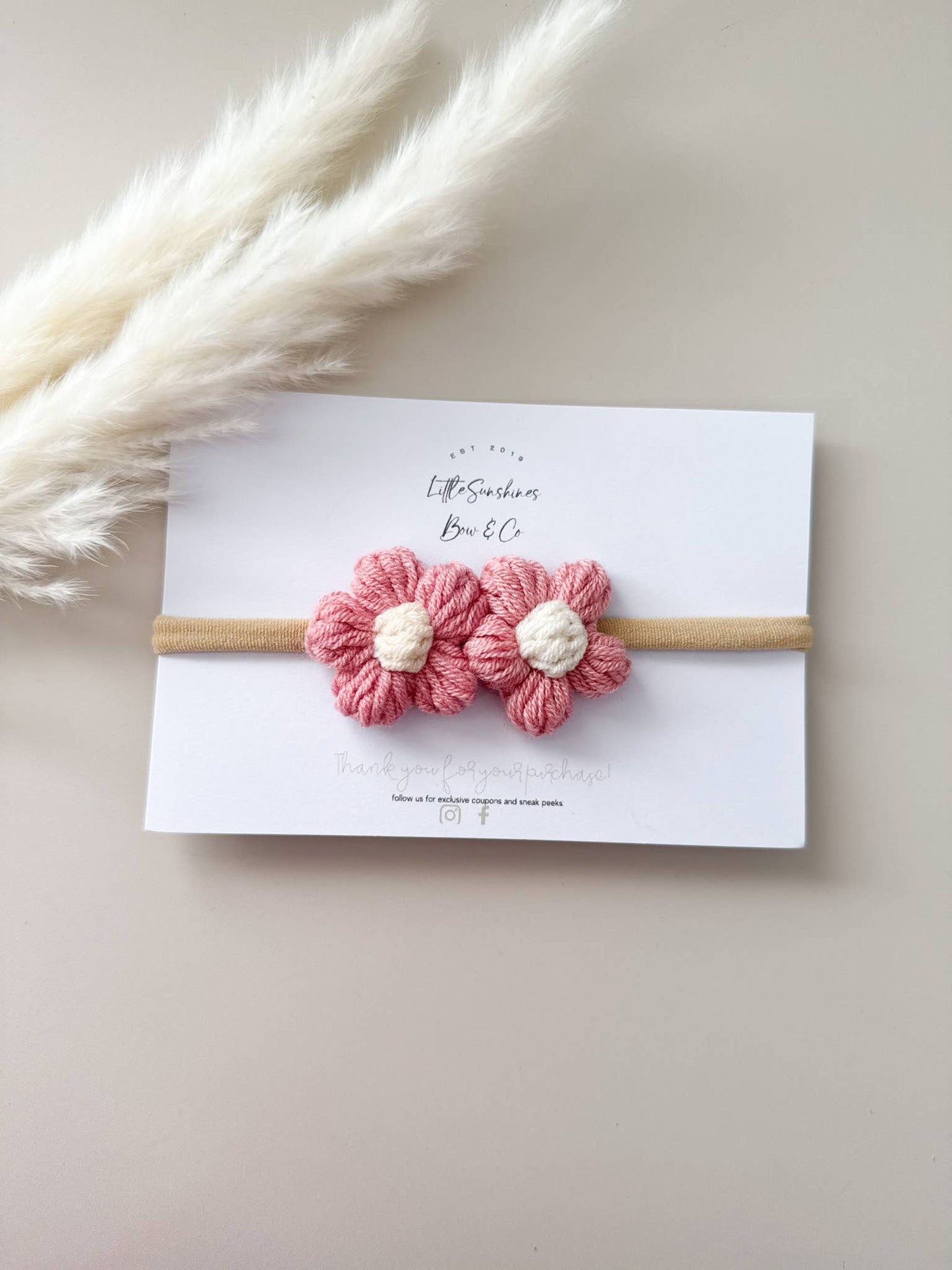Little Sunshines Bow & Co - Crochet Flowers Hair Clips & Headbands: Rose Pink & White Flower / Nylon Headband