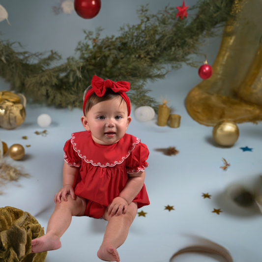 Hello Bebes! - Red Embroidered Round Collar Bubble: 6-9 months