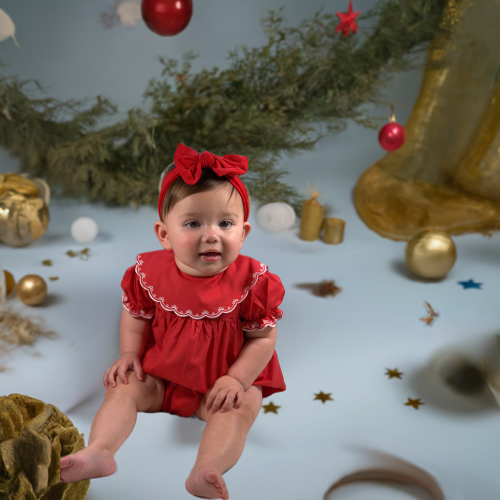 Hello Bebes! - Red Embroidered Round Collar Bubble: NB
