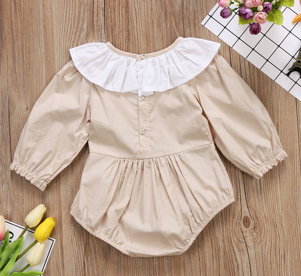 Fennco Styles - Beige Ruffled Collar Cotton Baby Romper  : 3-6 Months