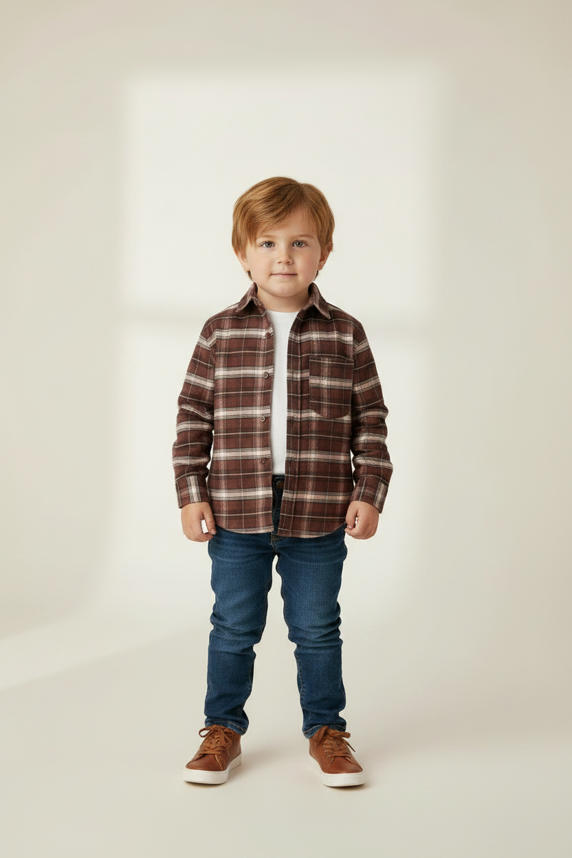 Little Grey - Long Sleeve Top- Brown Plaid: 2Y