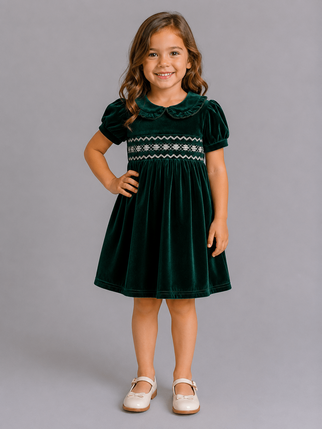 The Hair Bow Company - Girls Velvet Smocked Peter Pan Collar Dress: Scarlet / 7Y