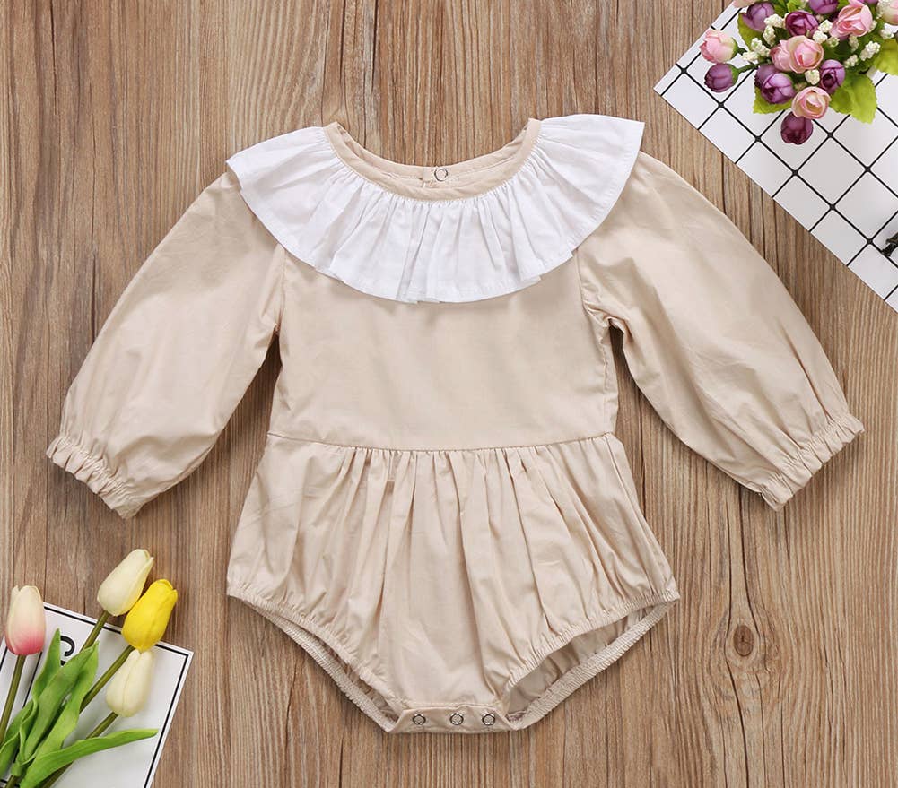 Fennco Styles - Beige Ruffled Collar Cotton Baby Romper  : 3-6 Months
