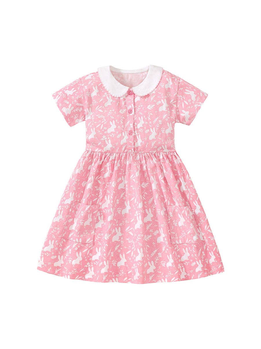 Pink Short Sleeves Dress With Rabbits and Flowers