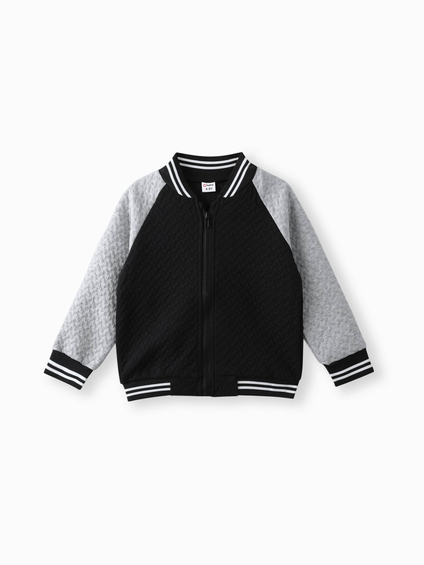 PatPat - 2-pcs Kid Boy Textured Striped Zipper Bomber Jacket & Pants: Black / 5-6 Years
