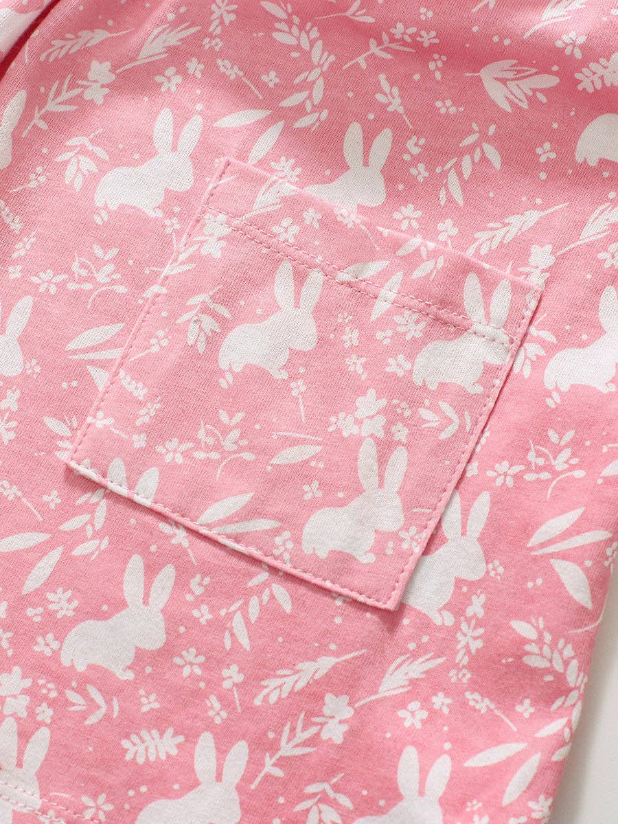 Pink Short Sleeves Dress With Rabbits and Flowers