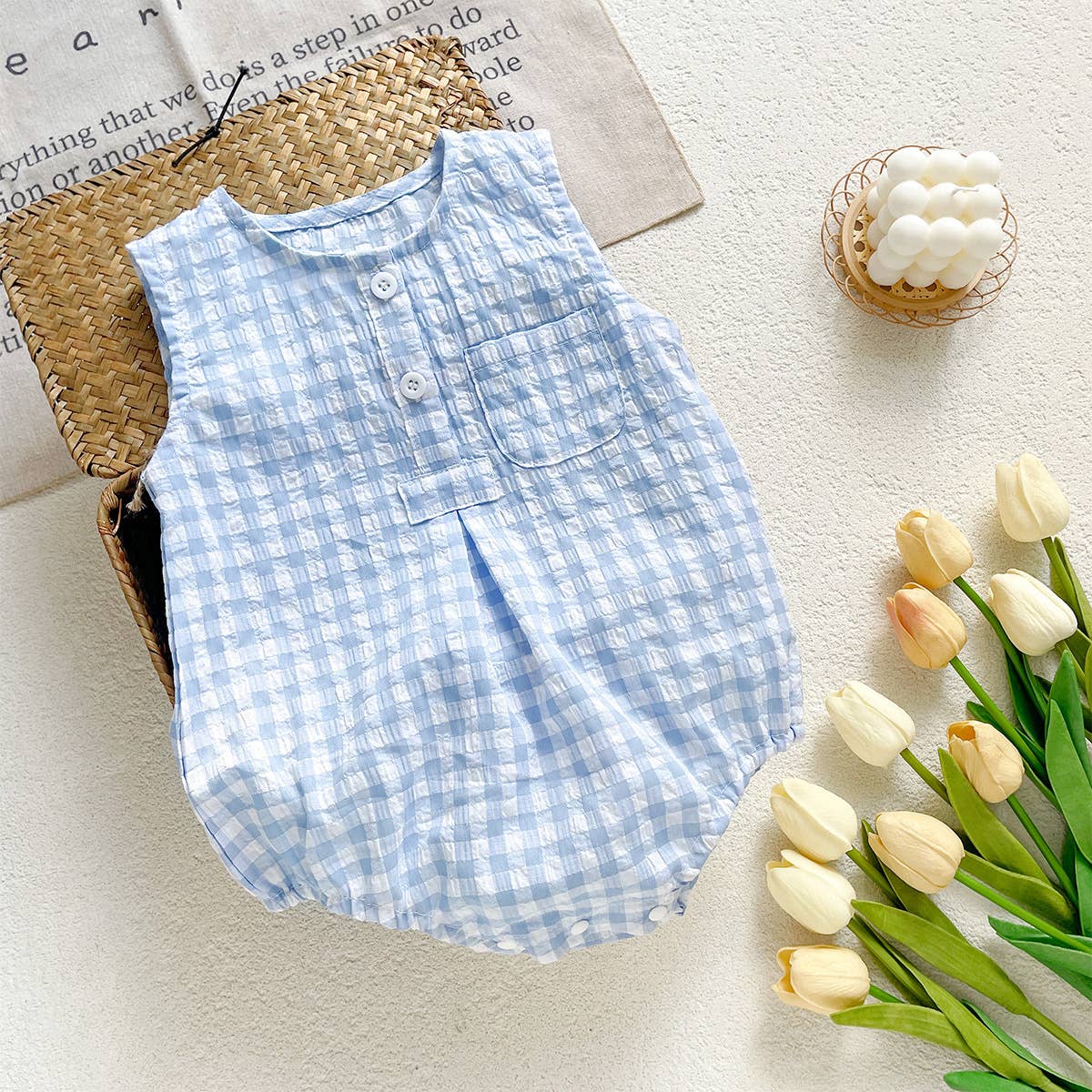 PatPat - Blue White Checkered Sleeveless Romper for Baby: Blue / 9-12M