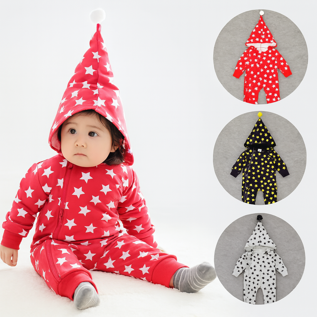Fennco Styles - Allover Stars Baby Hooded Bodysuit : Red / 12-18 Months