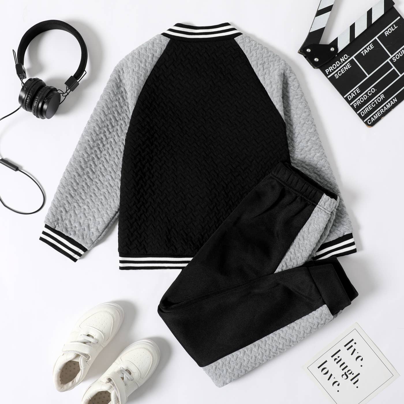 PatPat - 2-pcs Kid Boy Textured Striped Zipper Bomber Jacket & Pants: Black / 5-6 Years
