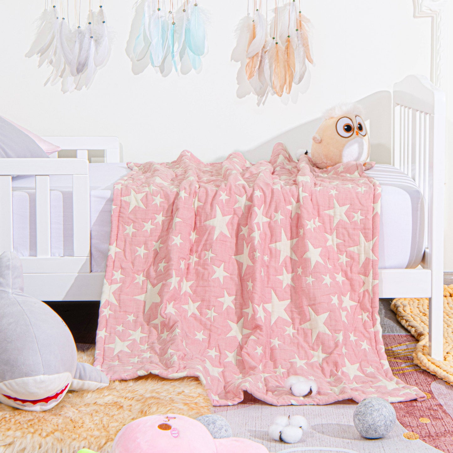 Bay & Loom - 3 Layer Muslin Cotton Jacquard Toddler Blanket: Blue / 30 x 40 inches